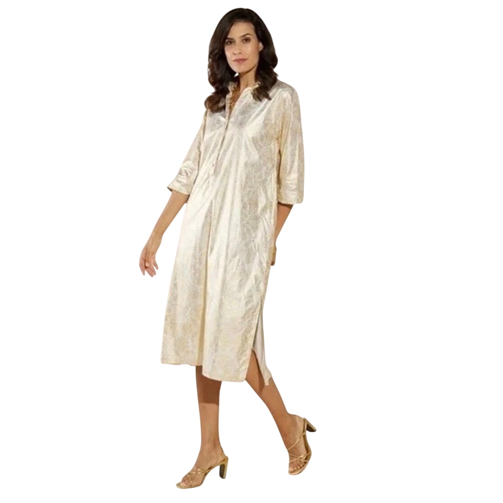 Jude Connally Xs Kallan Cotton Voile Gold Foil Medallion Point Collar Midi Dress